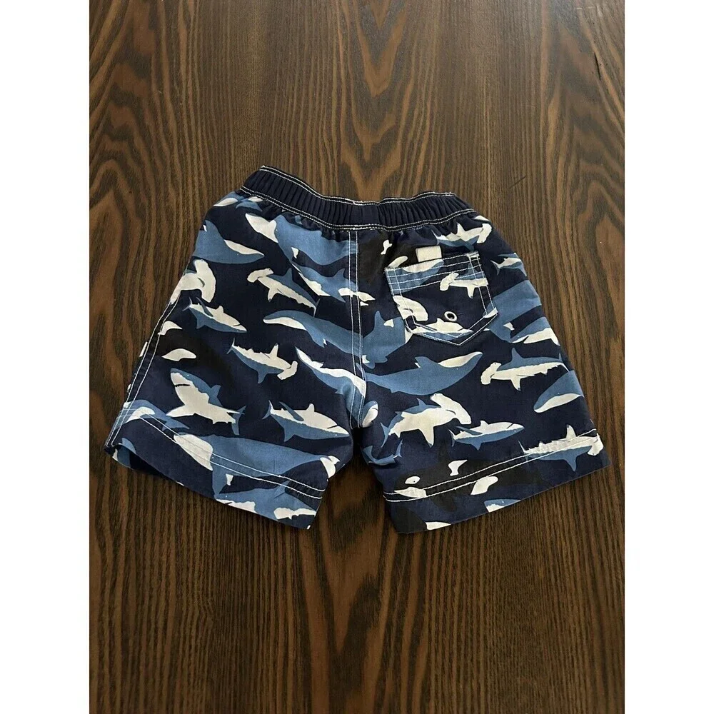 Hanna Andersson Shark Print Swim Shorts‎ Sz 2 / 80 cm Blue White Trunks toddler
